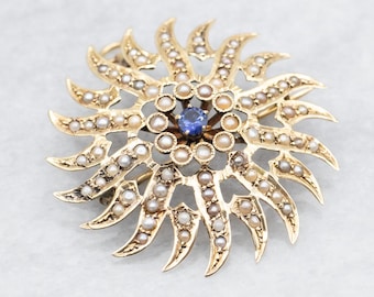 Victorian 14K Gold Starburst Brooch, Sapphire and Seed Pearl Pendant