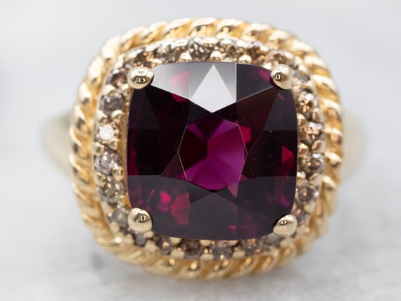 Yellow Gold Rhodolite Garnet Ring with Diamond Ha… - image 1