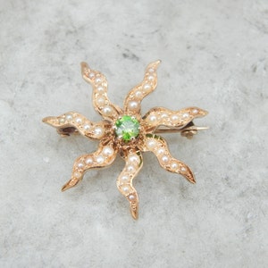 Antique Seed Pearl Starburst Brooch, Victorian Gold J30VF2