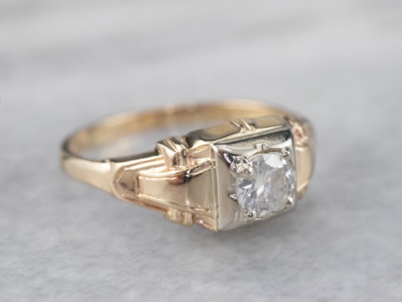 Retro Diamond Solitaire Ring, 10K Two Tone Gold E… - image 2