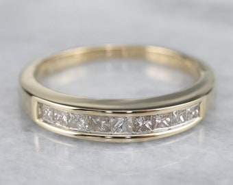 14K Yellow Gold Princess Cut Diamond Wedding Band, Deco Stacking Ring