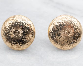 Floral geätzte 14K Gelbgold Disc Ohrstecker
