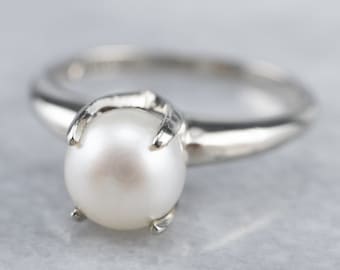 Anillo de solitario de perla blanca, anillo de solitario de oro blanco, anillo de aniversario, piedra de nacimiento de junio, joyería de perla, regalos para ella 9ZE7WFH9