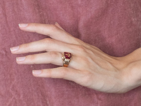 Vintage Masonic Statement Ring, Ruby Glass Ring, … - image 10