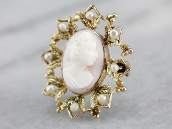 Art Nouveau Cameo Pin, Cameo and Seed Pearl, Came… - image 7