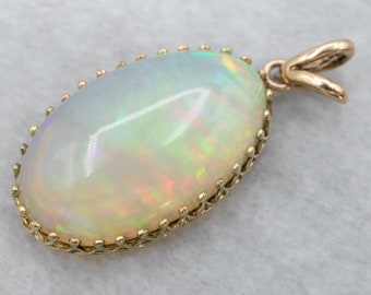 14K Yellow Gold Opal Pendant, Oval Cabochon, Color Change Stone