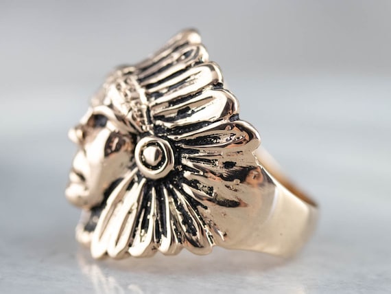 14K Yellow Gold Native American Chief Ring, Size 8 - image 4