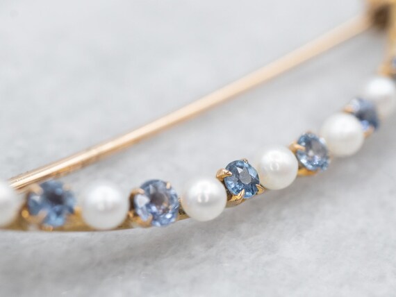 Crescent Moon Sapphire and Pearl Brooch, Yellow G… - image 2