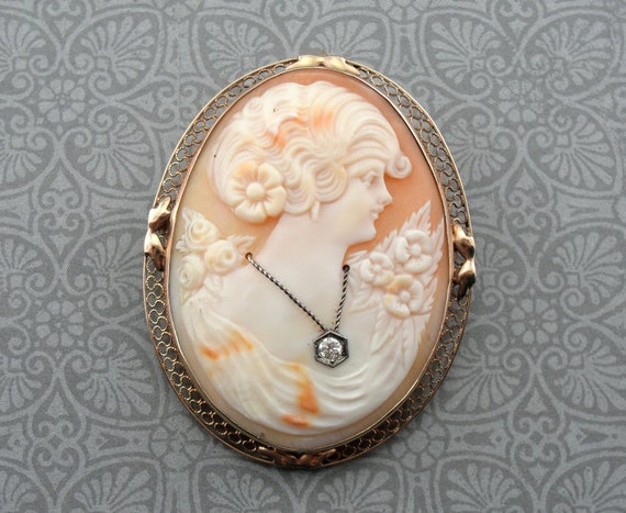 Antique Diamond and Shell Cameo Brooch with Art N… - image 2
