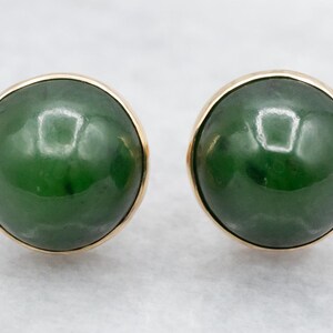 Green Nephrite Jade Earrings, Bezel Set Jade Stud Earrings, Yellow Gold Nephrite Jade Stud Earrings, Jade Jewelry, Cabochon Earrings A53531