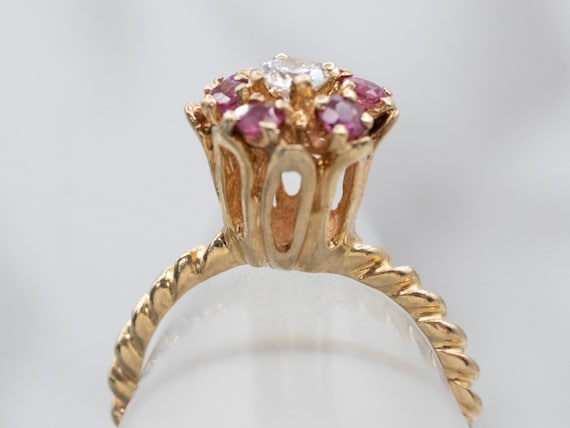 14K Yellow Gold Diamond Ruby Flower Ring, Halo De… - image 8