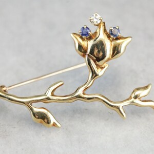 Vintage Tiffany and Company Flower Brooch, Sapphire and Diamond Brooch, Yellow Gold Brooch, Bridal Jewelry 6KV9ZJV8 image 3