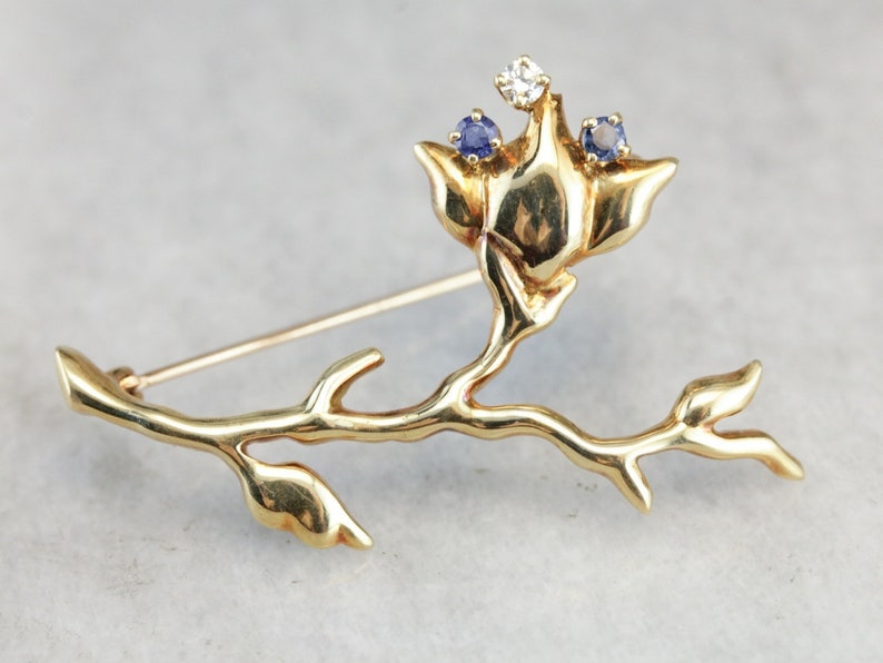 Vintage Tiffany and Company Flower Brooch, Sapphire and Diamond Brooch, Yellow Gold Brooch, Bridal Jewelry 6KV9ZJV8 image 3