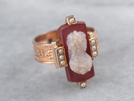 Victorian Sardonyx Cameo Ring, Antique Rose Gold … - image 1