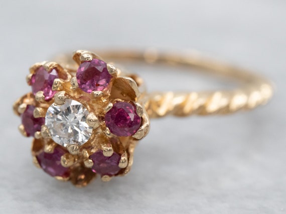 14K Yellow Gold Diamond Ruby Flower Ring, Halo De… - image 3
