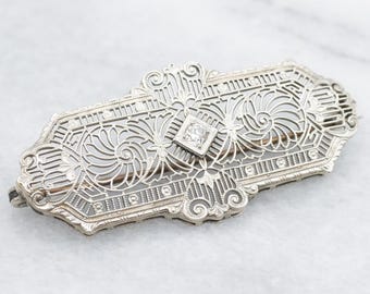 Art Deco Diamond Brooch, 14K White Gold Filigree Pin