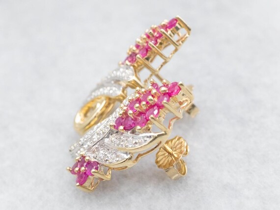 Vintage 10K Gold Ruby Diamond Earrings, Halo Dang… - image 2