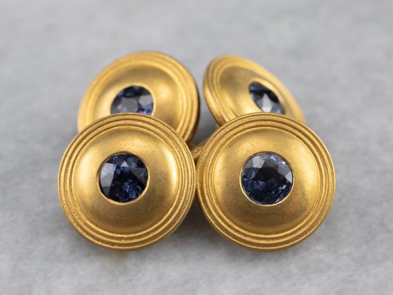 Antique Synthetic Sapphire Cufflinks, 18K Gold Cu… - image 1