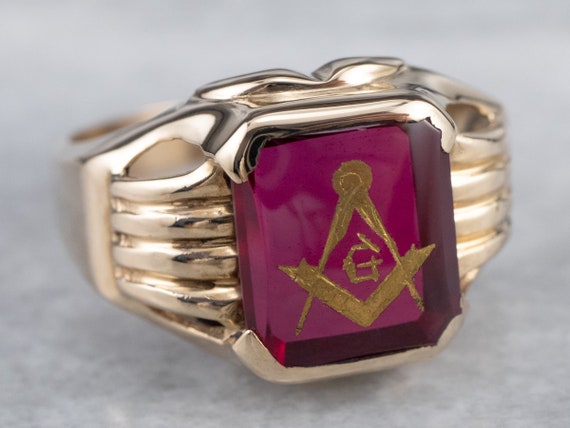 Vintage Masonic Statement Ring, Ruby Glass Ring, … - image 1