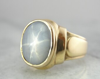 Retro 14K Gold Star Sapphire Ring, Bezel Set Cocktail Ring