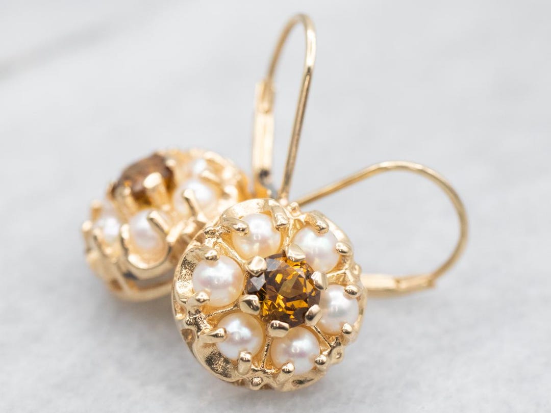 14Kイエローゴールド マリガーネット シードパール ハロー イヤリング