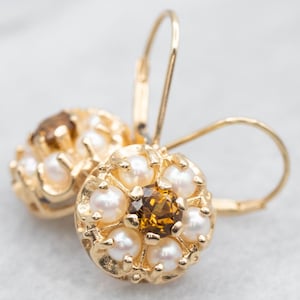Mali Garnet and Pearl Drop Earrings, Yellow Gold Mail Garnet Earrings, Garnet Pearl Halo Earrings, Gemstone Earrings, Gifts for Her A47677