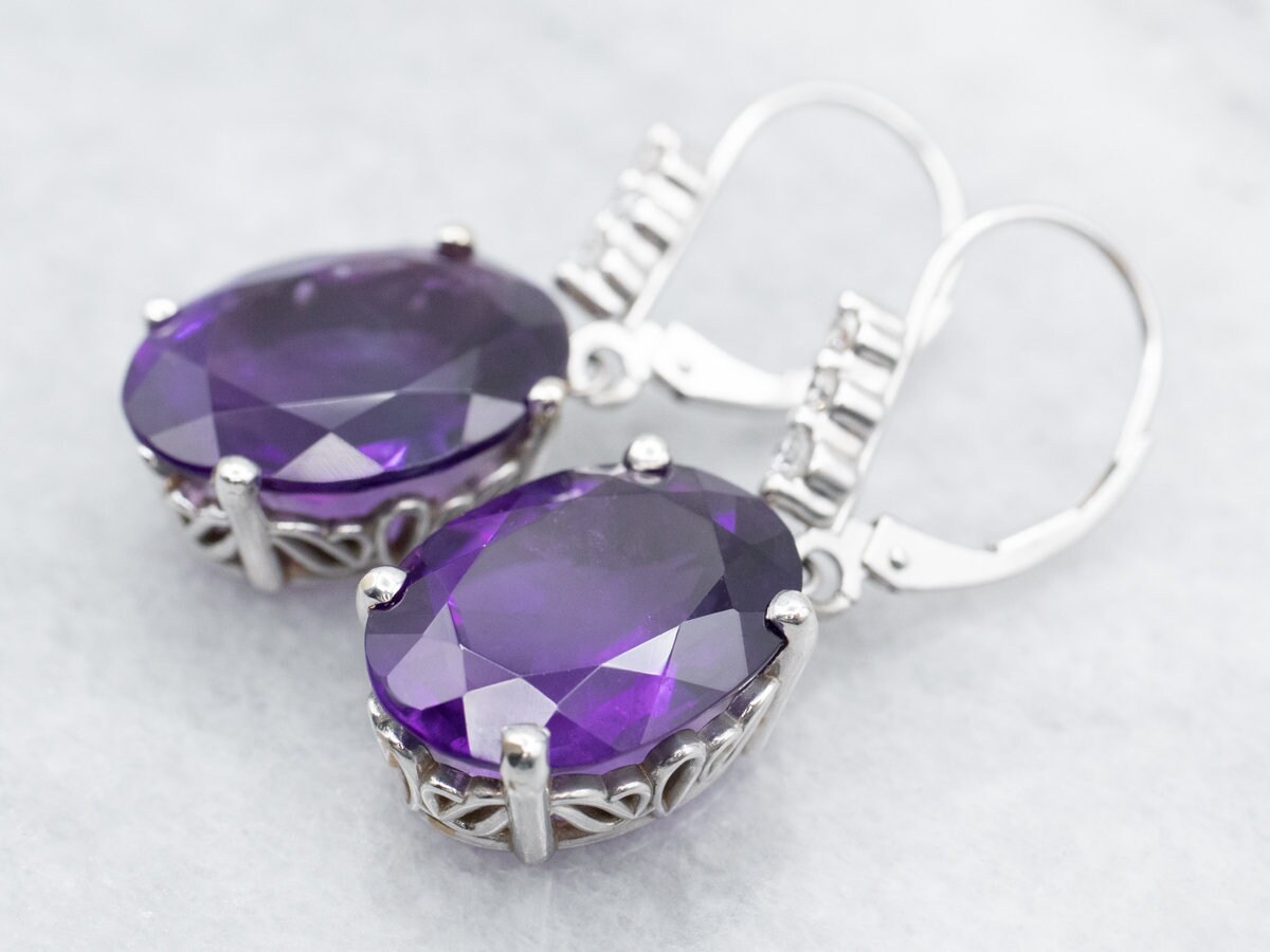 Amethyst and Diamond Drop Earrings, White Gold Amethyst