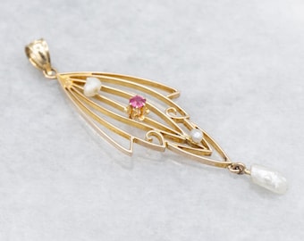 Antique Art Nouveau 10K Gold Ruby Pearl Lavalier Pendant