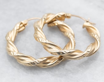 14K Yellow Gold Twisted Hoop Earrings, Medium Size