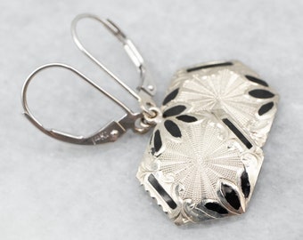 14K White Gold Black Enamel Drop Earrings