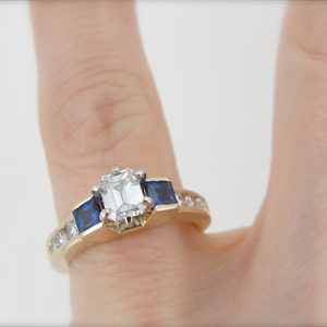 Yellow Gold Diamond and Sapphire Ring, Square and Round Cut Engagement Ring TF98F2-P image 5