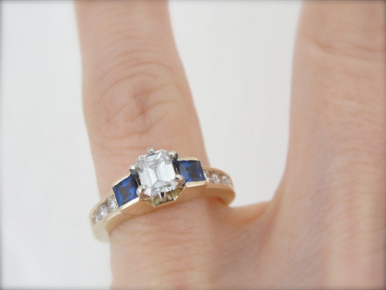 Yellow Gold Diamond and Sapphire Ring, Square and Round Cut Engagement Ring TF98F2-P image 5