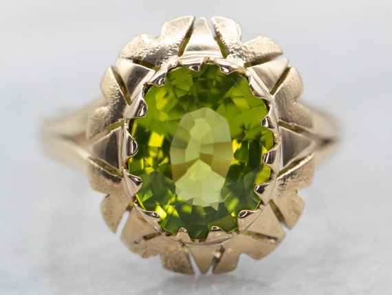 Vintage Peridot Solitaire Ring, Textured Gold Per… - image 1