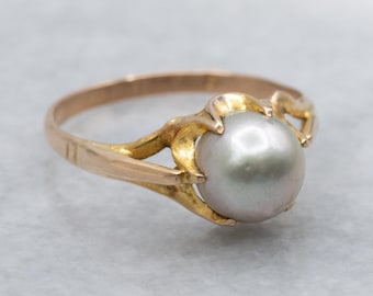 Antique Gold Buttercup Set Grey Pearl Solitaire Ring