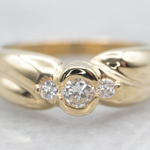 Twisting Semi-Bezel Set Diamond Ring, Engagement Ring, Three Stone Diamond Ring, Yellow Gold Diamond Ring, Modernist Diamond Ring A28284