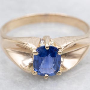 Vintage 14K gult guld Belcher ring med safir, unisex solitär