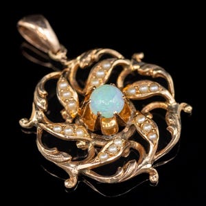 Victorian Opal Seed Pearl Pendant, Antique Floral Gold Pendant, Victorian Flower Pendant, Bridal Jewelry, Victorian Estate Jewelry A60352
