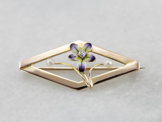 Sweet Vintage Enameled Pansy Brooch with Diamond … - image 2