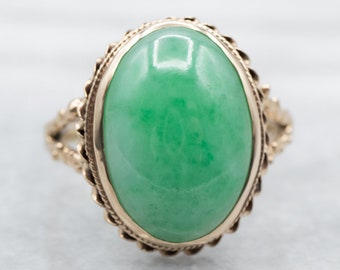Mid Century Jade Ring, Jade Cocktail Ring, Jade and Yellow Gold, 14K Jade Ring, Vintage Cabochon Ring, Green Stone, Right Hand Ring A24642