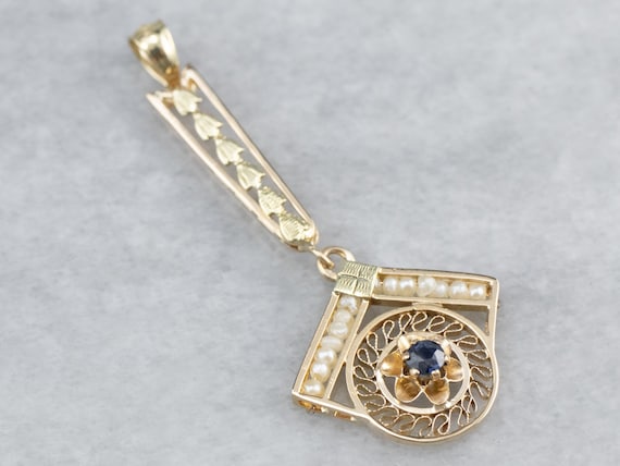 Sapphire Pearl Gold Drop Pendant, Sapphire Lavali… - image 1