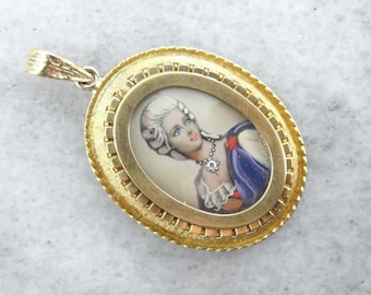 Hand-painted Antique Miniature Portrait In 18k Gold Pendant