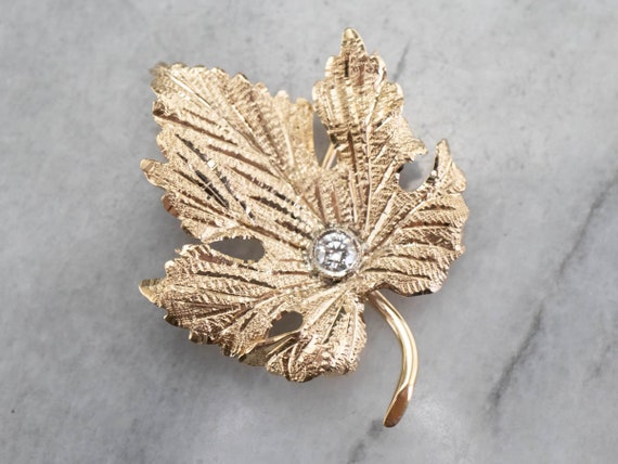 Gold Diamond Grape Leaf Brooch, Gold Leaf Pin, Di… - image 3