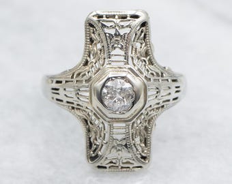 Anillo Art Déco de filigrana, oro blanco de 18 quilates, diamante talla antigua