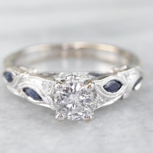 Modern Diamond and Sapphire Ring, Botanical Diamond Engagement Ring, 18K White Gold Diamond Ring, Diamond Engagement Ring 51U69VCJ
