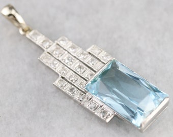 Upcycled Art Deco Aquamarine Pendant, Aquamarine and Diamond Pendant, Platinum Aquamarine Pendant, Bridal Jewelry, Anniversary Gift FTM1MYU2