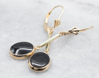 Black Onyx Drop Earrings, Onyx and Gold Earrings, Black Stone Earrings, Yellow Gold Onyx Earrings, Cabochon Drop Earrings A29755