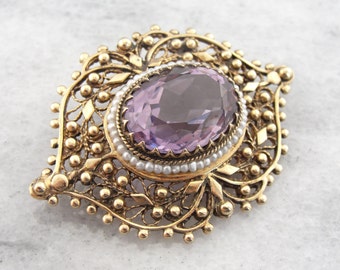 Large Amethyst Gem in Seed Pearl and Filigree Vintage Frame, Pin or Pendant, Brooch 6YF26K-P