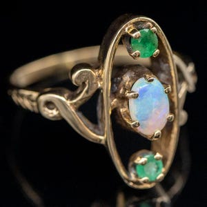 Vintage Opal and Emerald Dinner Ring, Yellow Gold Opal Ring, Opal Three Stone Ring, Opal Jewelry, Gifts for Her A64272