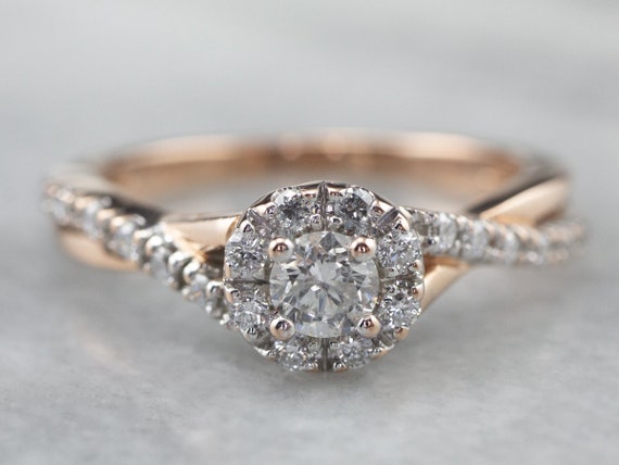 Diamond Halo Engagement Ring, Rose Gold Engagement