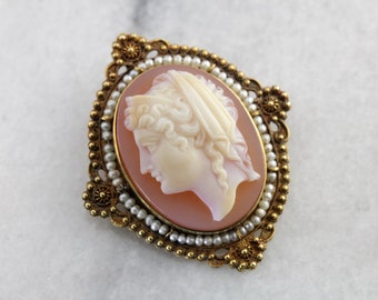 Victorian Sardonyx Cameo Brooch Pendant, 14K Gold Seed Pearl Halo
